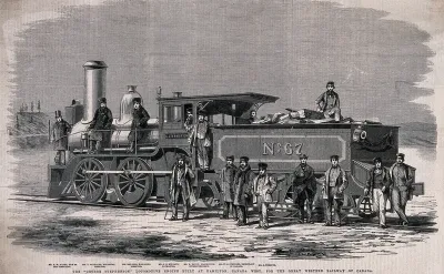Hamilton, Ontario: the steam locomotive 'George Stephenson' with representatives of the Great Western Railway of Canada