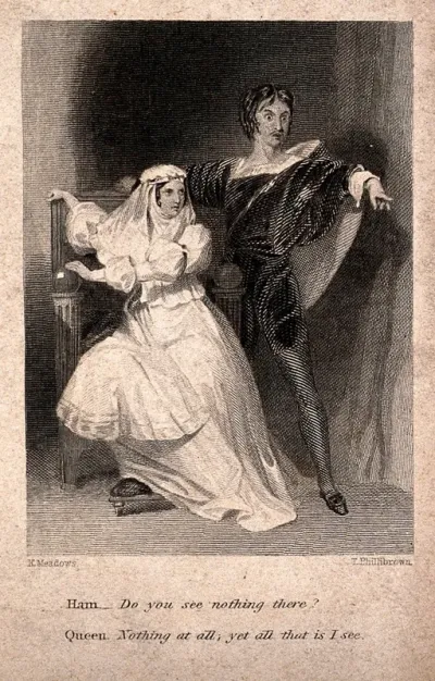 Hamlet pointing to the ghost of his father and asking his mother the Queen if she can see it too; she replies not