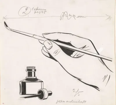 Hand met penseel en inktpot