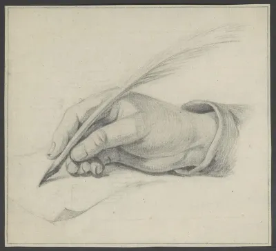 Hand met veer