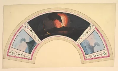 Hand-painted Fan with Three Views of Mount Vesuvius