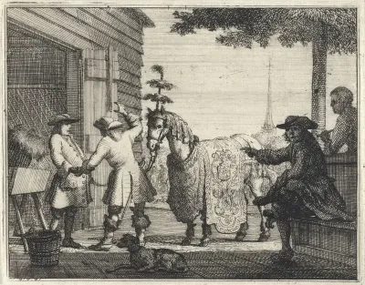Handelaren bij een rijk versierd paard