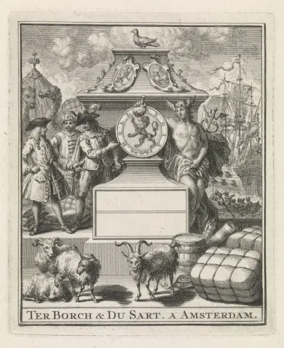 Handelaren en Mercurius naast het wapen van Holland