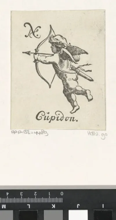 Handelsetiket met Cupido die een pijl en boog vasthoudt