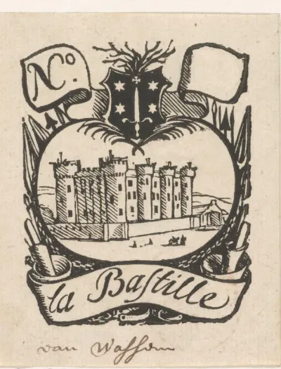 Handelsetiket met de Bastille te Parijs en het wapen van de stad Haarlem