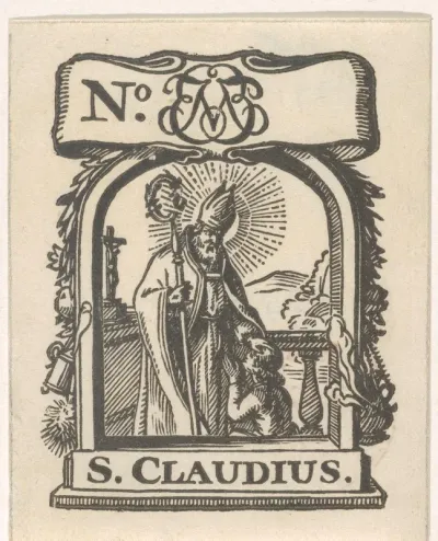 Handelsetiket met de heilige Claudius en een monogram