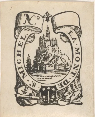 Handelsetiket met de Mont-Saint-Michel, het wapen van de stad Haarlem en het monogram of handelsmerk HVW