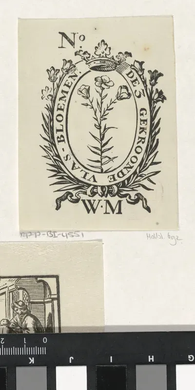 Handelsetiket met drie vlasbloemen, een kroon en het monogram WM