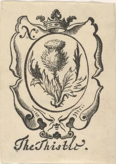 Handelsetiket met een distel en een kroon