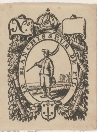 Handelsetiket met een figuur bij een bleekveld, een kroon en het wapen van de stad Haarlem