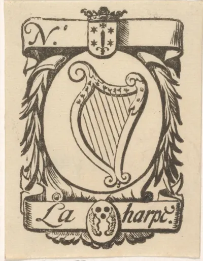 Handelsetiket met een harp en het wapen van de stad Haarlem