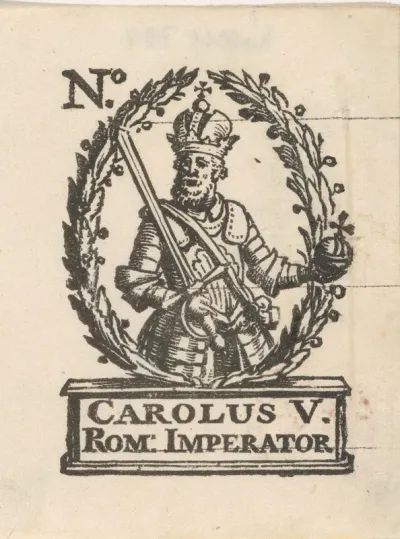 Handelsetiket met een portret van keizer Carolus V in een lauwerkrans