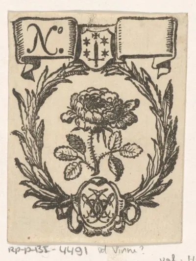 Handelsetiket met een roos, het wapen van de stad Haarlem en een monogram