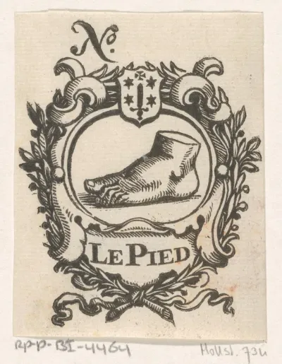 Handelsetiket met een voet in een lauwerkrans en het wapen van de stad Haarlem
