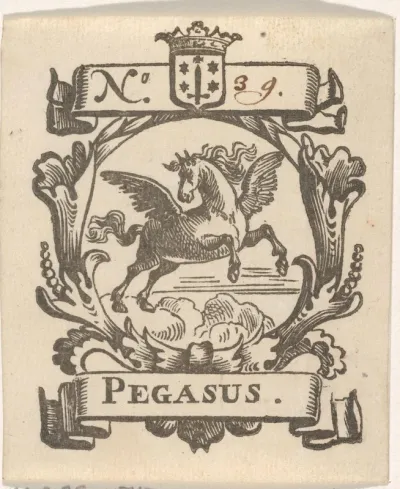 Handelsetiket met Pegasus en het wapen van de stad Haarlem