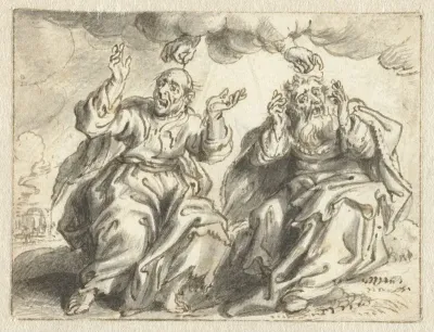 Handen die uit een wolk verschijnen plukken haar van de hoofden van twee oudere mannen, de een kaal, de andere met een weelderige haardos