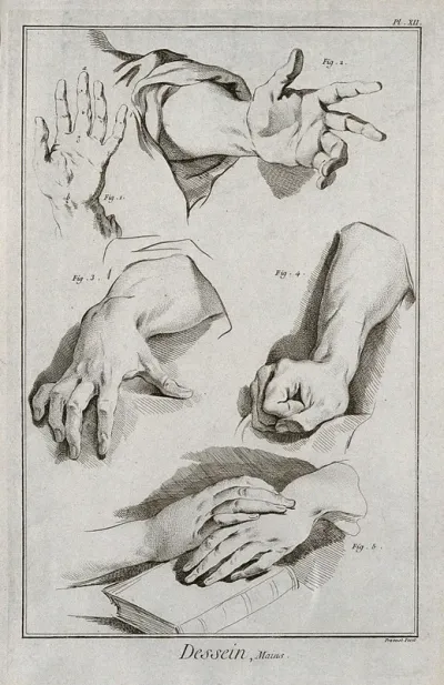 Hands. Engraving by B.L. Prevost