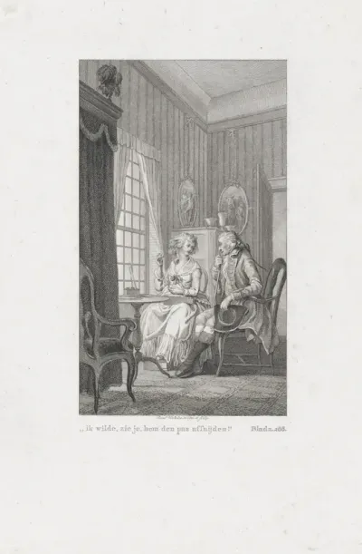 Handwerk verrichtende vrouw in gesprek met een man