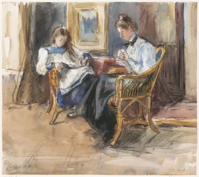 Handwerkende Cato van Houten en lezende Marie Anna van Houten in het huis aan de Riouwstraat 6, te Den Haag