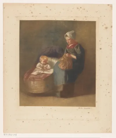 Handwerkende vrouw naast een kind een wieg