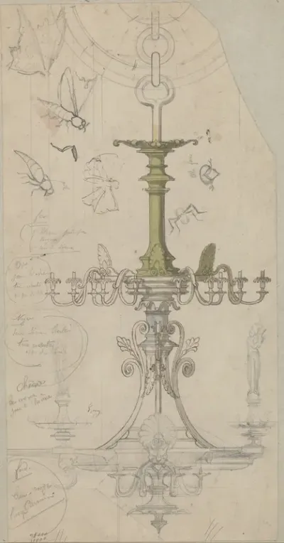 Hanglamp met studies van figuren op voetstukken en insecten