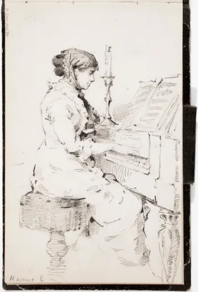 Hanna Estlander o.s. Lupander [taiteilijan serkku] soittaa pianoa, merkitty: Hanna E