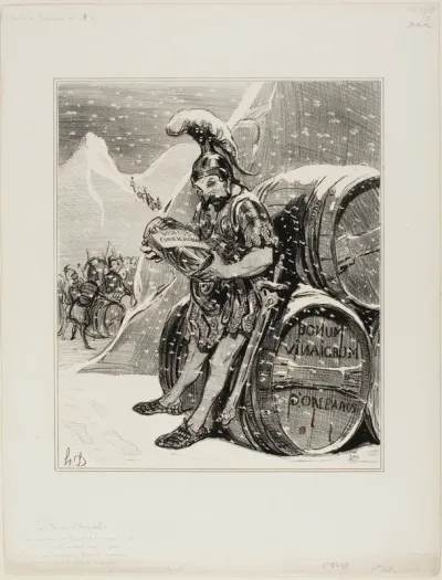 Hannibal's Crossing. These lofty mountains where the crested snow resembles the white forehead of a giant trembles to forge a road, with a triumphant song Hannibal turned the Alps into cornichon. (Les Occidentals by Mr. Quinet), plate 28 from Histoir