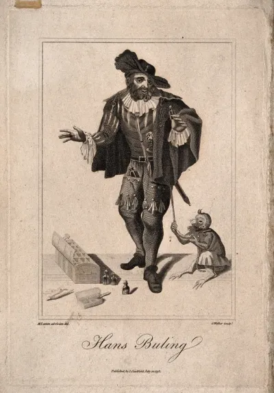 Hans Buling, an itinerant medicine salesman, demonstrating his wares with the aid of a monkey