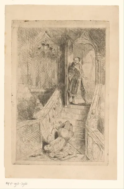 Hans Holbein bovenaan een trap met onderaan een gevallen man