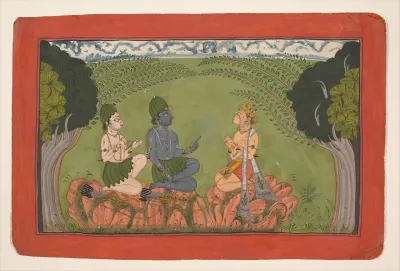Hanuman before Rama and Lakshmana: Folio from the dispersed “Mankot" Ramayana series