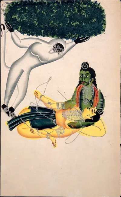Hanuman, the monkey god, brings a Himalayan mountain with the herb sanjeevani to cure his brother Lakshman