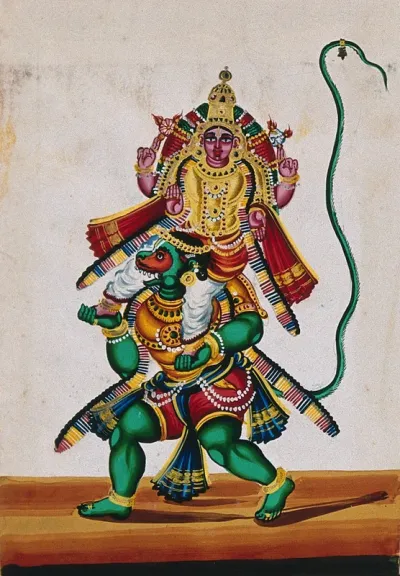 Hanuman, the monkey god carrying Lord Vishnu on his shoulders