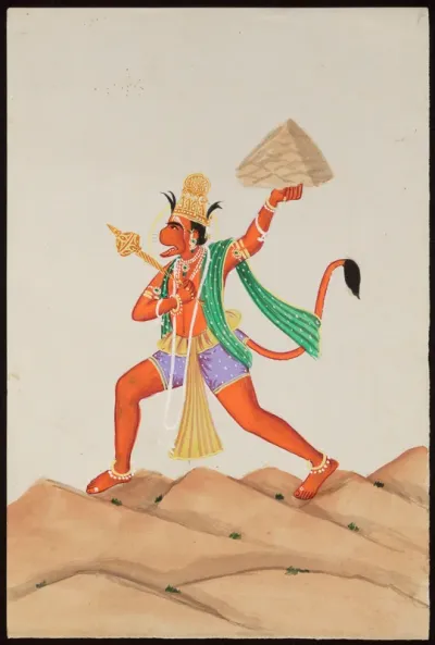 Hanuman, the monkey god, holds a mace in his right hand and a Himalayan mountain, with the herb sanjeevani , with his left