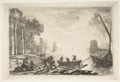 Harbor Scene with Rising Sun