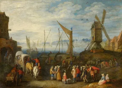 Harbour scene with a Windmill