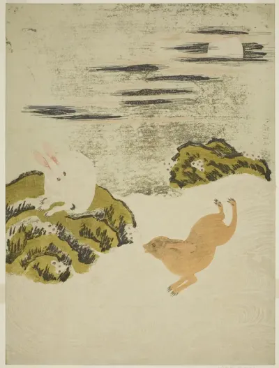 Hares Playing in Surf on a Moonlit Night
