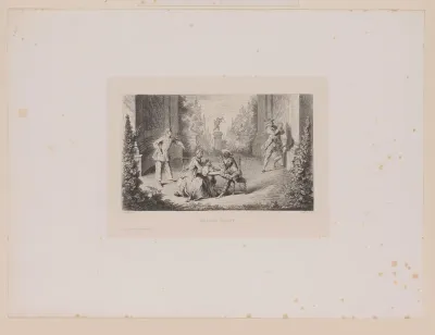 Harlekijn en een vrouw aan tafel in een monumentale tuin