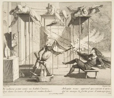 Harlequin menaces Scaramouche with a Torch