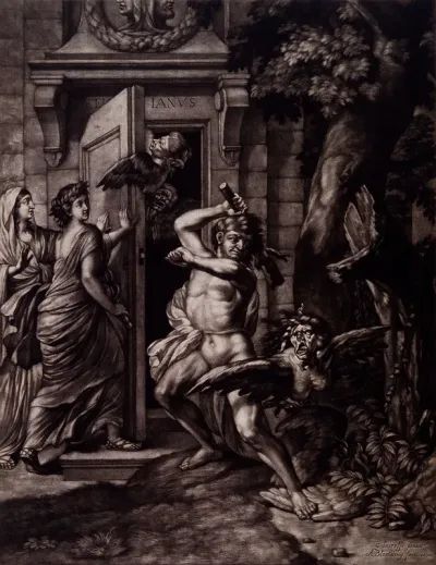 Harpies try to keep open the doors of the temple of Janus, but they are clubbed by Hercules