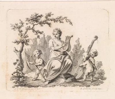 Harpspelende vrouw en drie putti