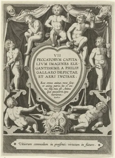 Hartvormig cartouche met serietitel, omringd door putti