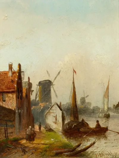 Häuser und Mühle an einem Fluss mit Booten