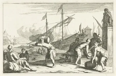 Haven met kooplieden bij fontein