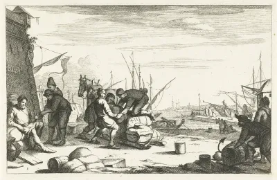 Haven met kooplieden bij trekkar