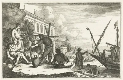 Haven met kooplieden bij vuur