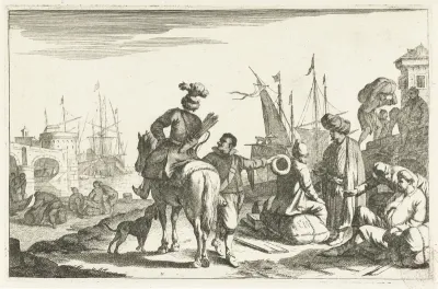 Haven met kooplieden en ruiter
