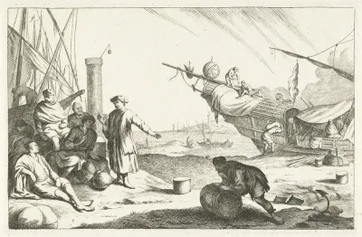 Haven met kooplieden en zeilschepen