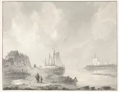 Haven met links oude huizen, op de voorgrond wandelaars