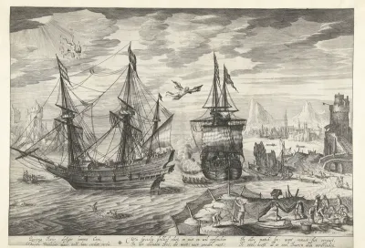 Haven met schepen, in de lucht de val van Icarus