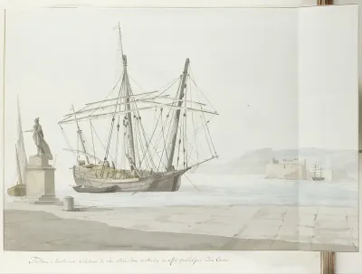 Haven met schip of tartane uit Messina en standbeeld van don Carlos en in de verte het kasteel San Salvatore
